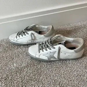 ★Golden ★Superstar Lettering Effect Sneakers★ Silver Women's Super-Star with silver sparkle foxing and metal stud